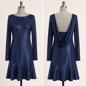 Nightway Metallic Cowl Back Flounce Dress 8 Navy Blue Shimmer Long Sleeve 21851